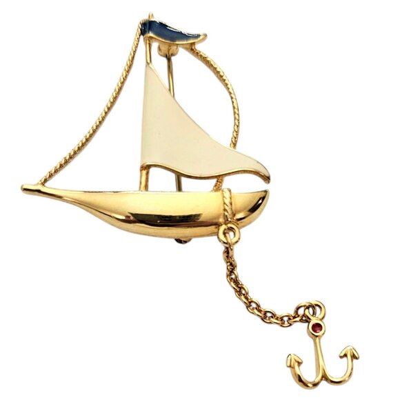 Fernando Originals Gold Tone Enamel Sail Boat Brooch Anchor Chain Dangle, L963 - Picture 2 of 8